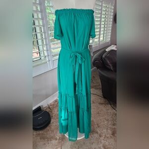 New York & Company Eva Mendes Teal Off-Shoulder Maxi Dress M